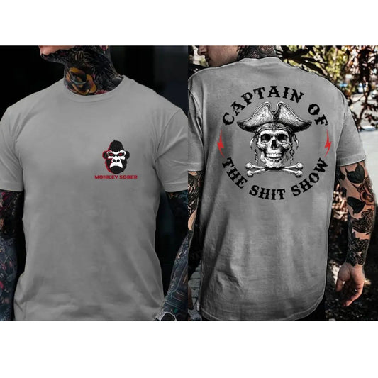 "Captain Of The Shit Show" T-Shirt - Skull Print Men's Tee, Funny & Casual Crewneck Top-Pasimax