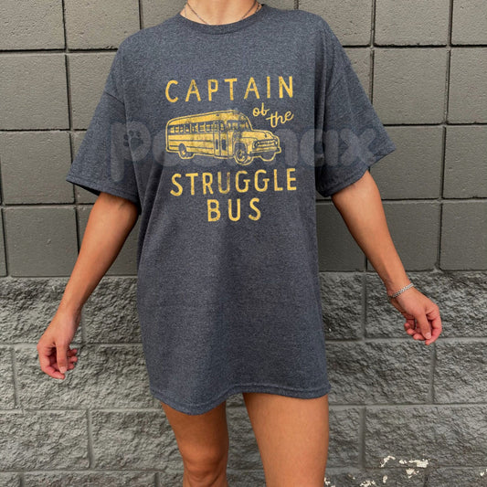 "Captain of The Struggle Bus" Funny T-Shirt – Sarcastic School Bus Graphic Tee, Premium 100% Cotton Novelty Humor Top, Soft Lived-In Heavyweight Relatable Parenting Shirt, Made in USA-Pasimax
