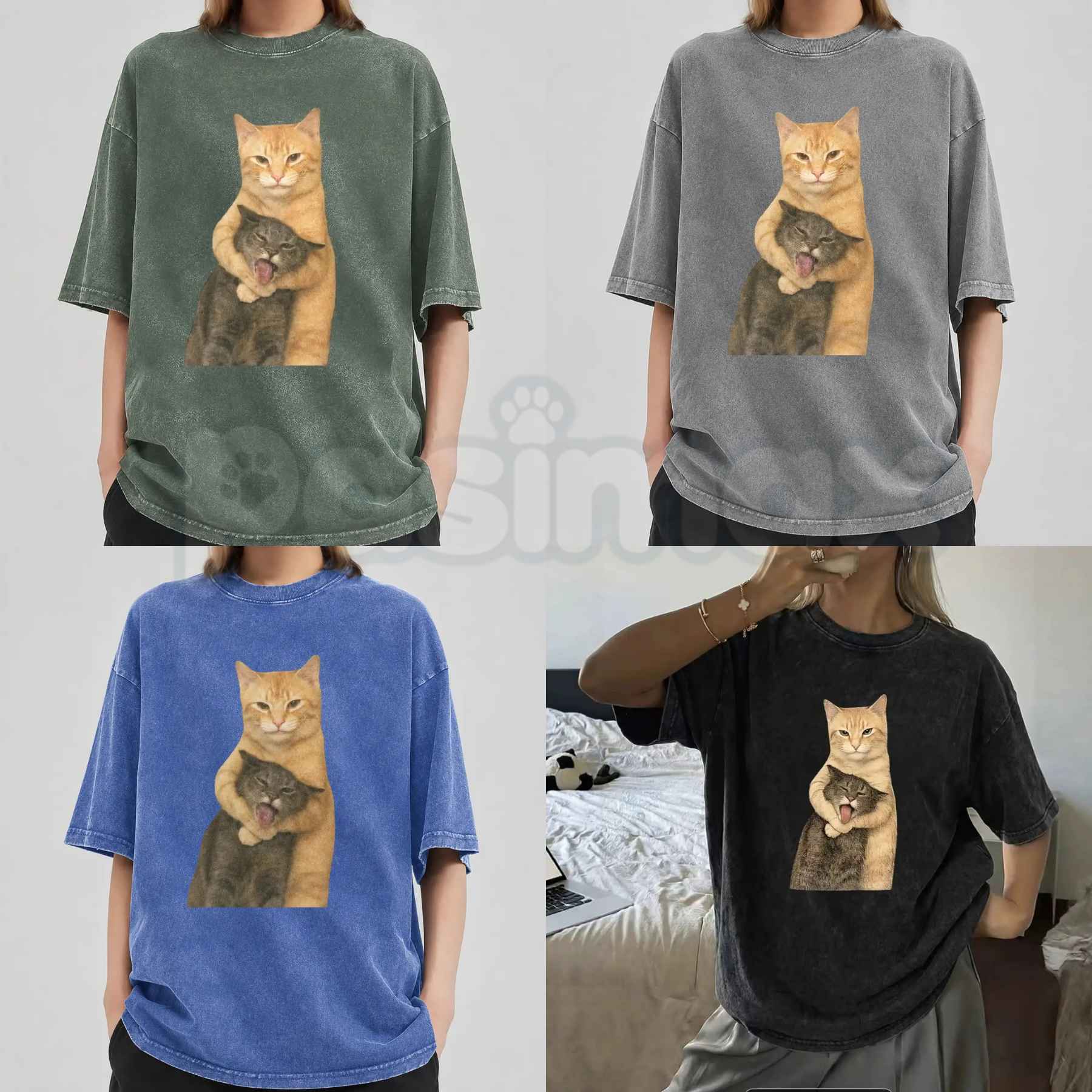 Cat Quarrel Moment T-Shirt – Retro Funny Feline Standoff Graphic Tee, Vintage Washed Lightweight Cotton Unisex Streetwear Top-Pasimax