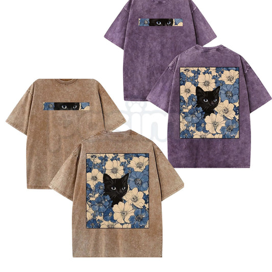 Cat in the Flowers Double-Sided T-Shirt – Retro Washed Botanical Kitten Graphic Tee, Vintage Aesthetic Lightweight Cotton Cat Mom Top-Pasimax