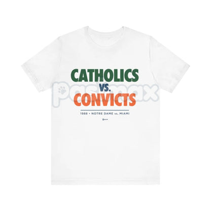 "Catholics vs Convicts" T-Shirt - Notre Dame vs Miami 1988 Rivalry Tee, Vintage College Football History Apparel, Unisex Retro Sports Gift-Pasimax
