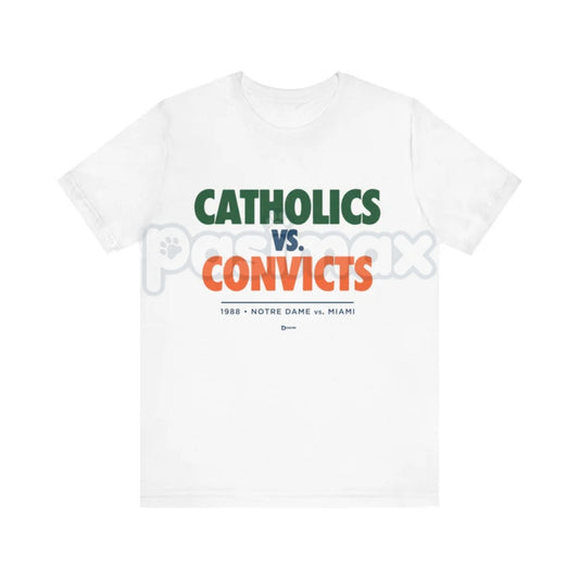 "Catholics vs Convicts" T-Shirt - Notre Dame vs Miami 1988 Rivalry Tee, Vintage College Football History Apparel, Unisex Retro Sports Gift-Pasimax
