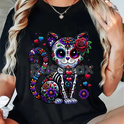 Catrina Sugar Skull T-Shirt - Día de Muertos / Cinco de Mayo Cat Tee, Unisex Vibrant Mexican Graphic Apparel-Pasimax