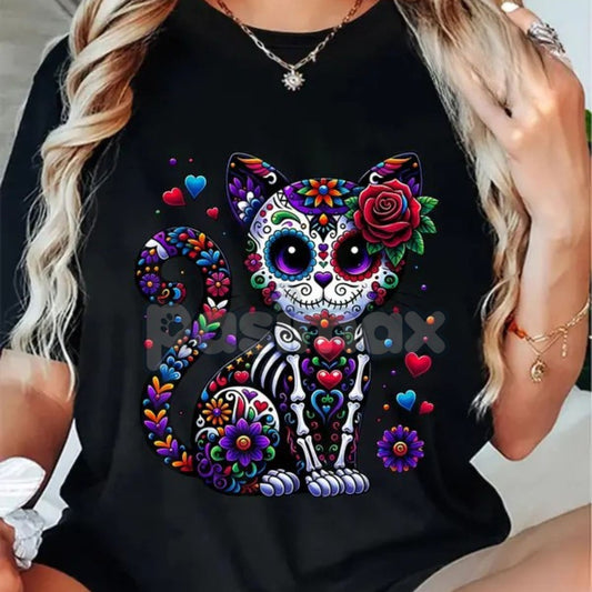 Catrina Sugar Skull T-Shirt - Día de Muertos / Cinco de Mayo Cat Tee, Unisex Vibrant Mexican Graphic Apparel-Pasimax