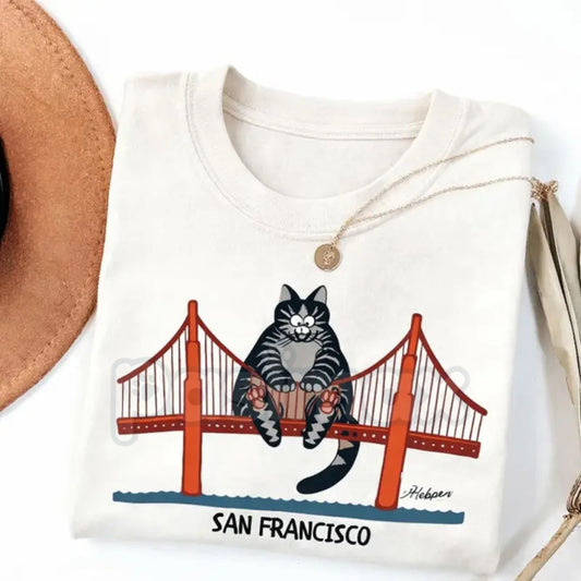 "Catzilla" San Francisco Golden Gate T-Shirt – Funny Giant Cat Movie Graphic Tee, Premium 100% Cotton Pop Culture Top, Soft Lived-In Heavyweight Cinema Nerd Shirt, Made in USA-Pasimax