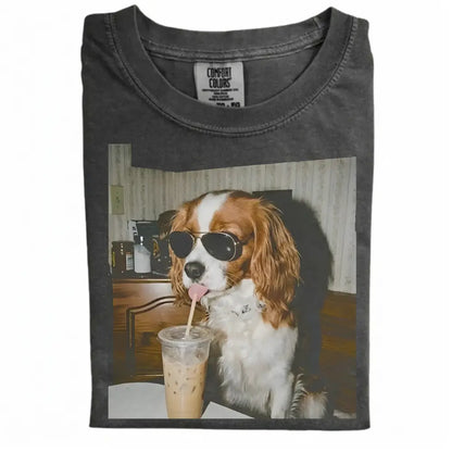 Comfort Colors® Custom Dog Breeds Drinking Iced Coffee T-Shirt – Vintage 90s Funny Edgy Dog Meme Tee, Aesthetic Coffee Lover Dog Mom Gift Shirt