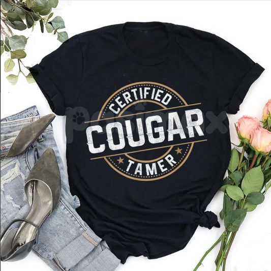 "Certified Cougar Tamer" Funny Men's T-Shirt - Humorous Cougar Costume Graphic Tee, Premium 100% Cotton Sarcastic Men's Gift, Witty Adult Humor Bachelor Party Top, Soft Lived-In Heavyweight Casual Apparel, Funny Pick-Up Artist Statement Shirt-Pasimax