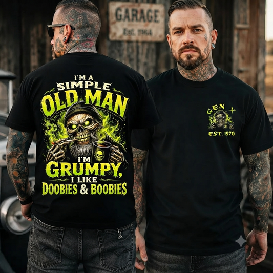 Chaosmoda I'm A Simple Old Man Grumpy Custom Year Skull T-Shirt – Funny Gen X Biker Graphic Tee-Pasimax