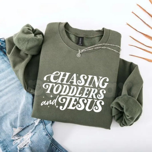 Chasing Jesus And Toddlers Sweatshirt | Christian Mom Faith Graphic Crewneck-Pasimax
