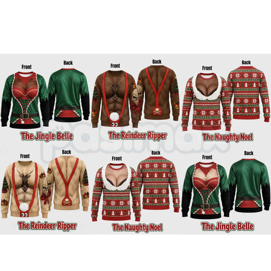 Cheeky Santa Ugly Christmas Sweatshirt, Funny Costume Illusion Crewneck Pullover with Elf and Reindeer Print Knitted Sweater-Pasimax