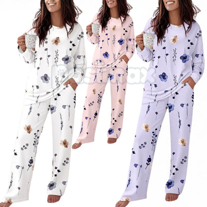 ChicMe Women's Floral Print Lounge Set - Long Sleeve Top & Casual Pants with Pockets, Comfortable Home Wear-Pasimax