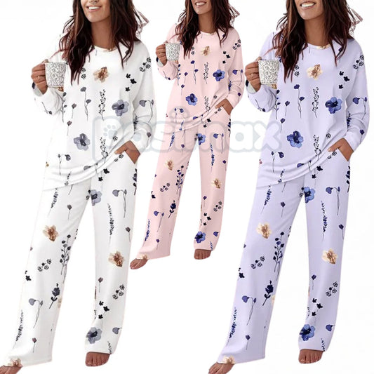 ChicMe Women's Floral Print Lounge Set - Long Sleeve Top & Casual Pants with Pockets, Comfortable Home Wear-Pasimax