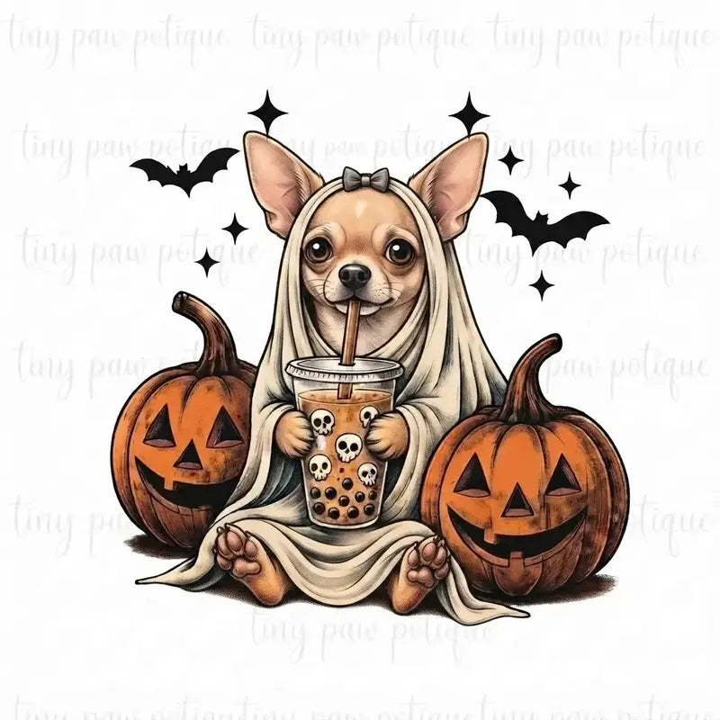 Comfort Colors® Custom Ghost & Boba Tea Halloween Dog T-Shirt – Spooky Season Bubble Tea Graphic Tee, Cute Ghost Dog Unisex Top & Gift