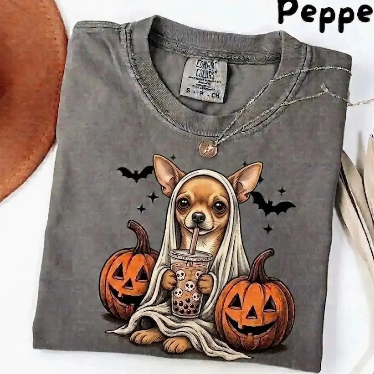 Comfort Colors® Pepper Dog Ghost & Boba Tea Halloween T-Shirt – Custom Dog Breeds Spooky Season Graphic Tee, Vintage Pet Lover Unisex Top