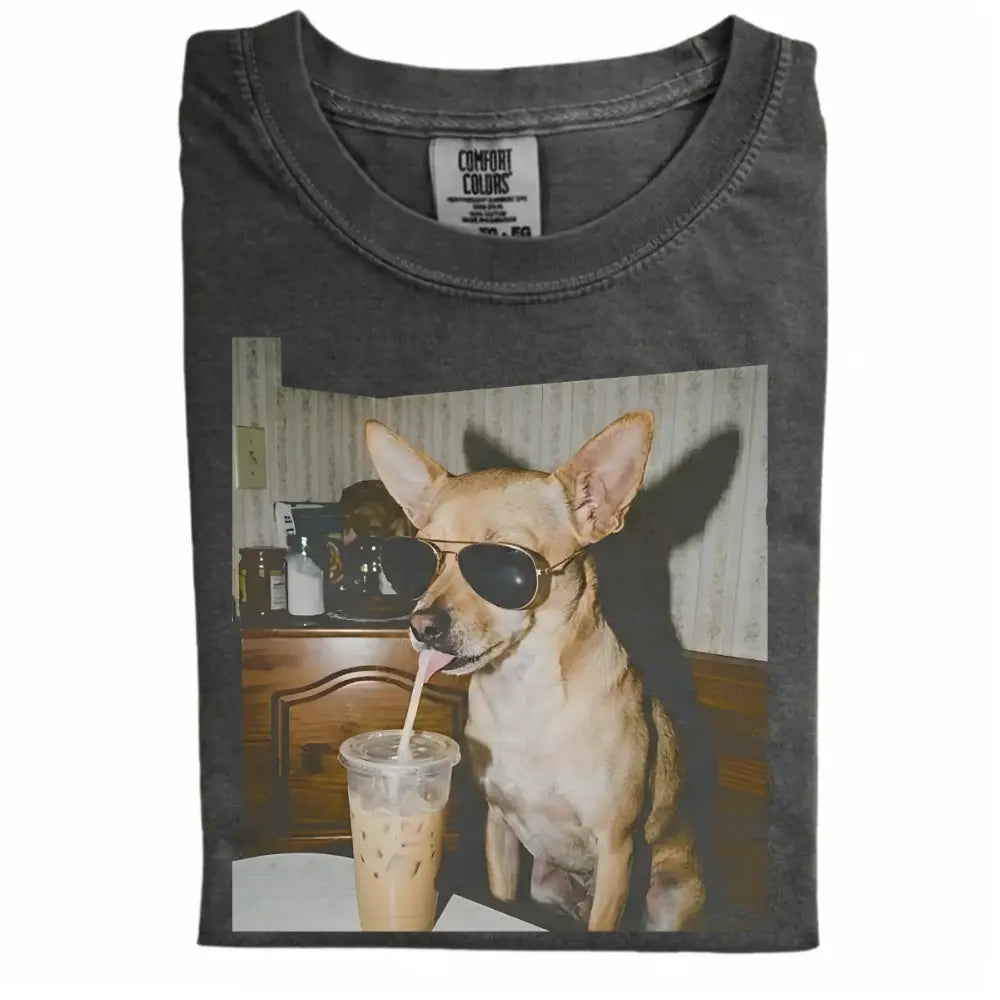 Comfort Colors® Custom Dog Breeds Drinking Iced Coffee T-Shirt – Vintage 90s Funny Edgy Dog Meme Tee, Aesthetic Coffee Lover Dog Mom Gift Shirt