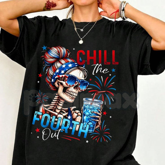 "Chill The Fourth Out" Patriotic Skeleton T-Shirt – 2026 Spring & Summer Men’s Graphic Tee, Premium 100% Cotton 4th of July Top, Soft Lived-In Heavyweight Americana Skeleton Shirt, Made in USA-Pasimax