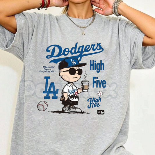 "Chillen’ in LA" Dodgers T-Shirt – Charlie Brown Coffee Graphic Tee, Remastered Heavy Cotton LA Baseball Top, Soft Lived-In Heavyweight Snoopy & Peanuts Fan Shirt, Made in USA-Pasimax