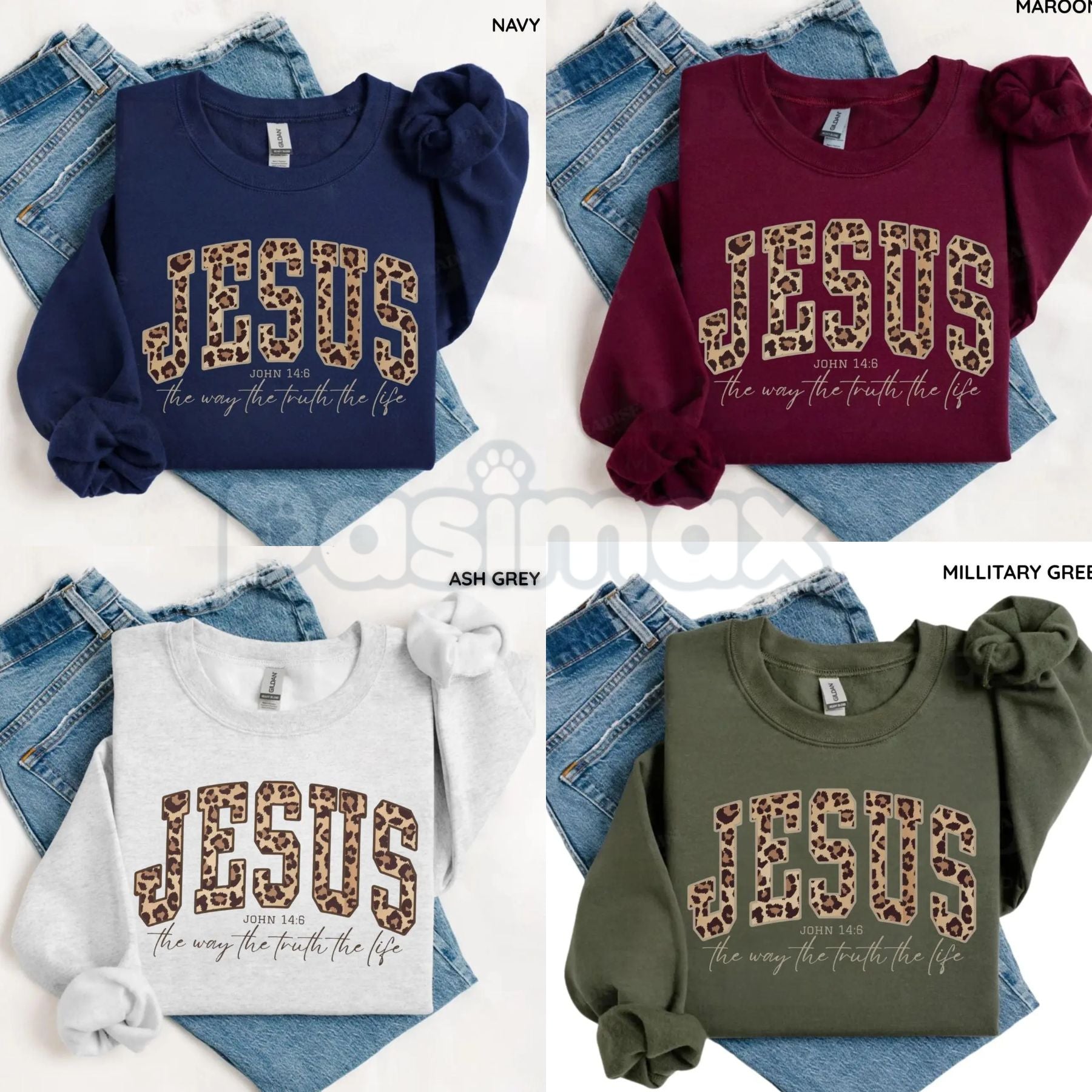 Christian Jesus Leopard Sweatshirt | Cheetah Print Faith Crewneck | Modern Bible Verse Shirt for Women-Pasimax