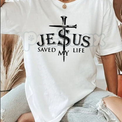 Christian Print T-Shirt 'Jesus Saved My Life' – Cross Design Faith Tee, Inspirational Religious Graphic Unisex Cotton Shirt-Pasimax