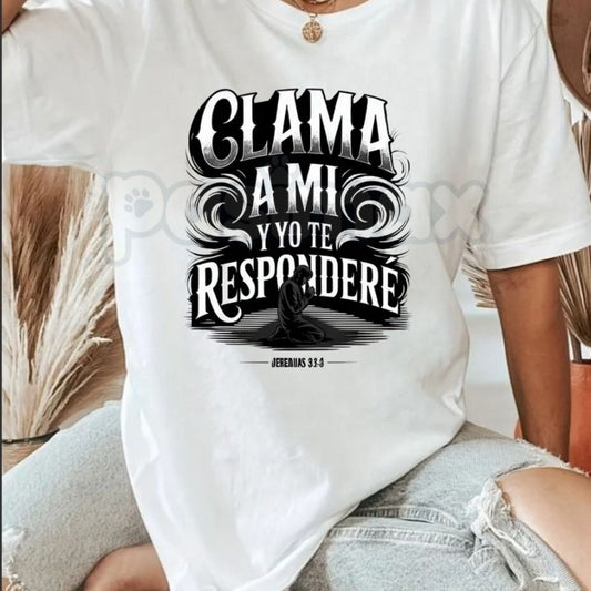 Christian Spanish Bible Scripture T-Shirt – Jeremiah 33:3 "Clama a Mí" Graphic Tee, Remastered Heavy Cotton Faith-Based Top, Soft Lived-In Spiritual Inspiration Shirt, Made in USA-Pasimax