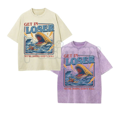 Christian Streetwear Jonah and the Whale T-Shirt – Get In Loser We're Doing God's Will Graphic Tee, Vintage Washed Faith Lightweight Cotton Top-Pasimax