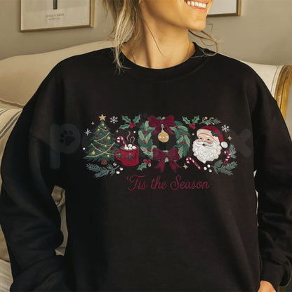 Christmas Gingham "Tis the Season" Embroidered Sweatshirt – Santa Wreath Tree Crewneck-Pasimax