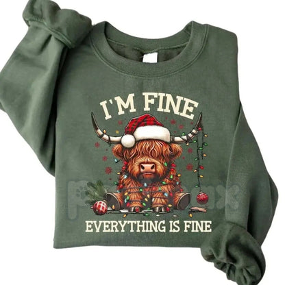 Christmas Lights Cow Sweatshirt | Funny Highland Cow Shirt | Festive Animal Crewneck | Cute Xmas Farm Gift Jumper-Pasimax