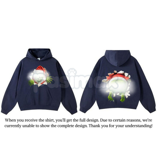 Christmas Movie Character Green Guy Through Hole 2-Sided Hoodie – Trendy Holiday Season Graphic Pullover, Unisex Classic Comfort Cotton-Pasimax