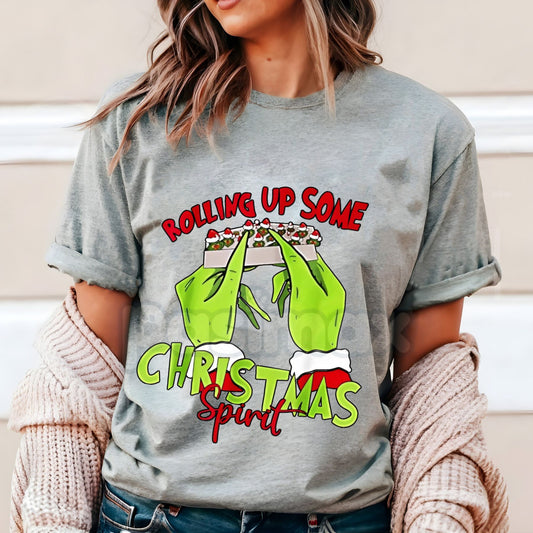 Christmas Spirit Grinch Hands Rolling Joint T-Shirt - Funny 420 Holiday Party Wear, Adult Grinch Christmas Gift, Edgy Festive Apparel-Pasimax