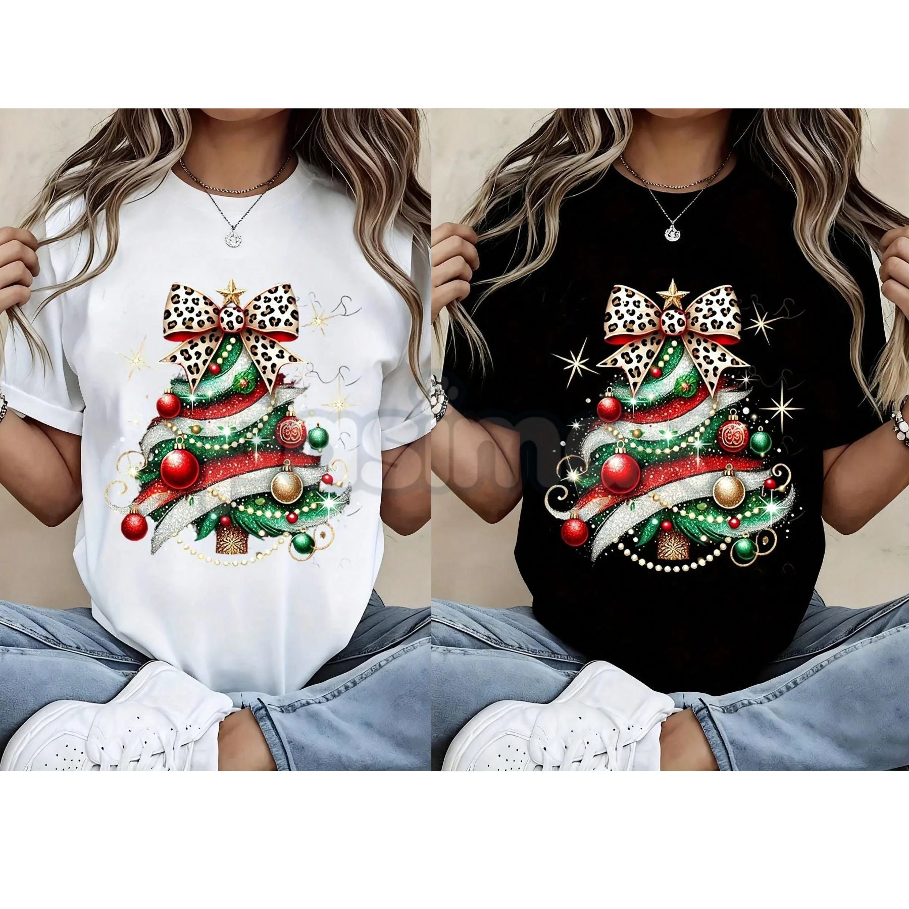 Christmas Tree Print Women's T-Shirt - Leopard Bow & Sparkle Design Holiday Top, Trendy Festive Apparel, Stylish Christmas Gift-Pasimax