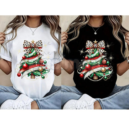 Christmas Tree Print Women's T-Shirt - Leopard Bow & Sparkle Design Holiday Top, Trendy Festive Apparel, Stylish Christmas Gift-Pasimax