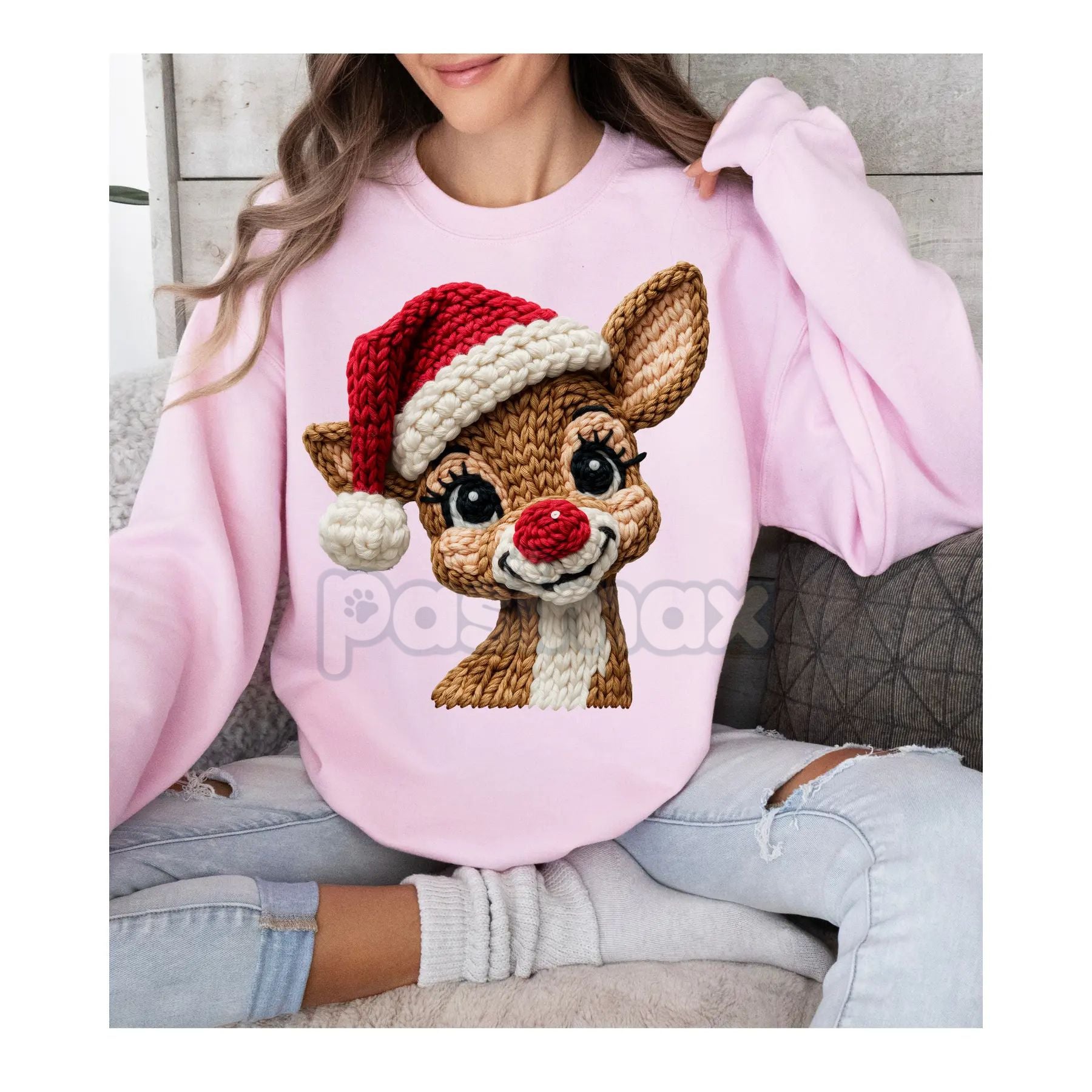 Classic Red Nose Reindeer & Santa Hat Holiday Sweatshirt – Whimsical Christmas Crewneck-Pasimax