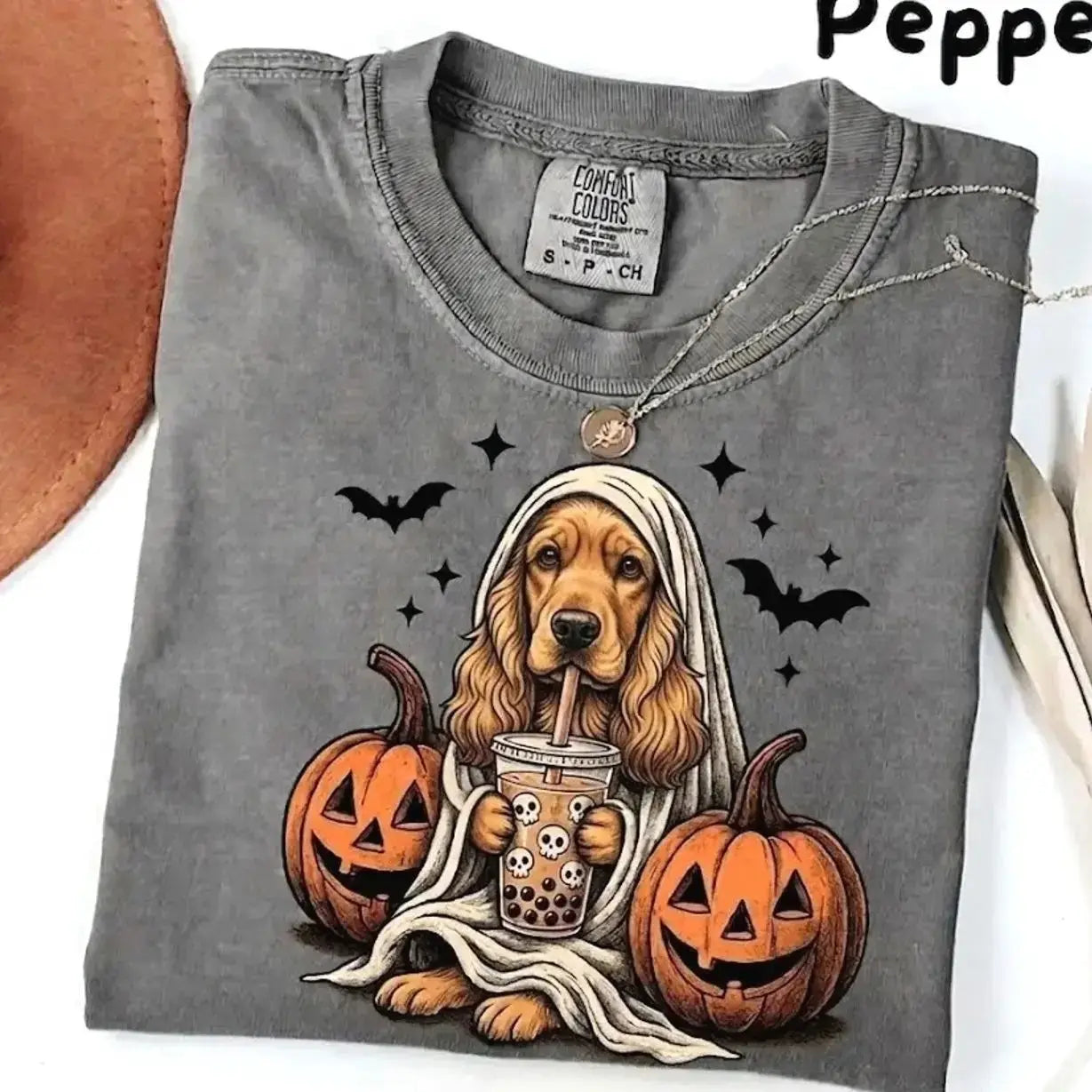 Comfort Colors® Pepper Dog Ghost & Boba Tea Halloween T-Shirt – Custom Dog Breeds Spooky Season Graphic Tee, Vintage Pet Lover Unisex Top
