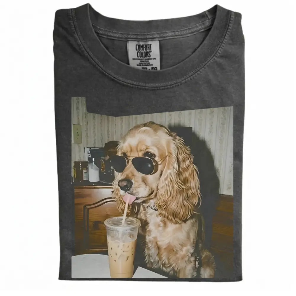 Comfort Colors® Custom Dog Breeds Drinking Iced Coffee T-Shirt – Vintage 90s Funny Edgy Dog Meme Tee, Aesthetic Coffee Lover Dog Mom Gift Shirt
