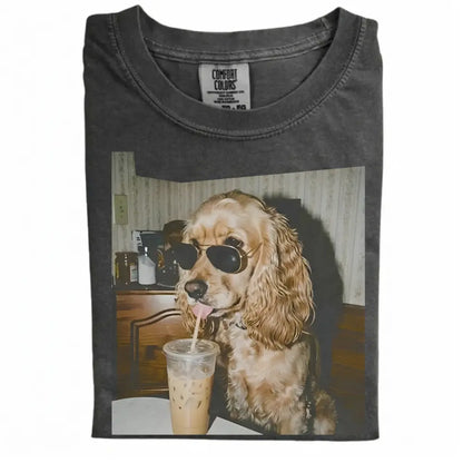 Comfort Colors® Custom Dog Breeds Drinking Iced Coffee T-Shirt – Vintage 90s Funny Edgy Dog Meme Tee, Aesthetic Coffee Lover Dog Mom Gift Shirt