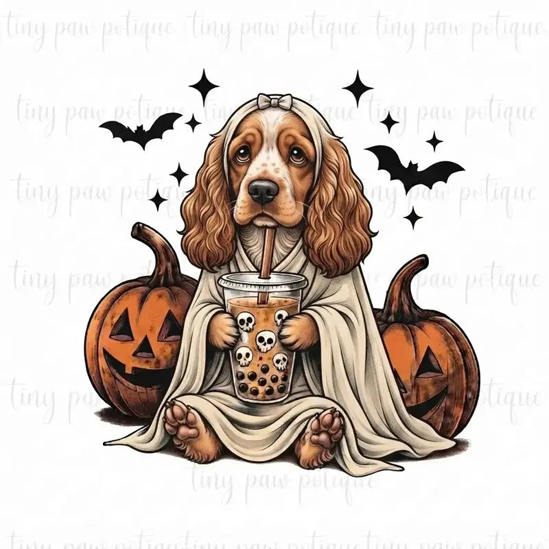 Comfort Colors® Custom Ghost & Boba Tea Halloween Dog T-Shirt – Spooky Season Bubble Tea Graphic Tee, Cute Ghost Dog Unisex Top & Gift