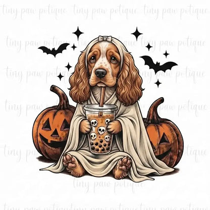 Comfort Colors® Custom Ghost & Boba Tea Halloween Dog T-Shirt – Spooky Season Bubble Tea Graphic Tee, Cute Ghost Dog Unisex Top & Gift