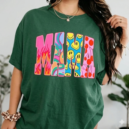 Color Block "MAMA" Graphic Tee – Trendy Retro Typography T-Shirt, Remastered Heavy Cotton Boho Mom Top, Soft Lived-In Relaxed Fit Casual Apparel, Made in USA-Pasimax