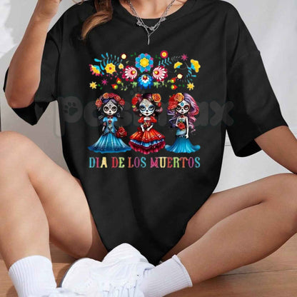 Colorful Floral Sugar Skull Girls Dia De Los Muertos T-Shirt – Mexican Day of the Dead Festival Unisex Graphic Tee-Pasimax