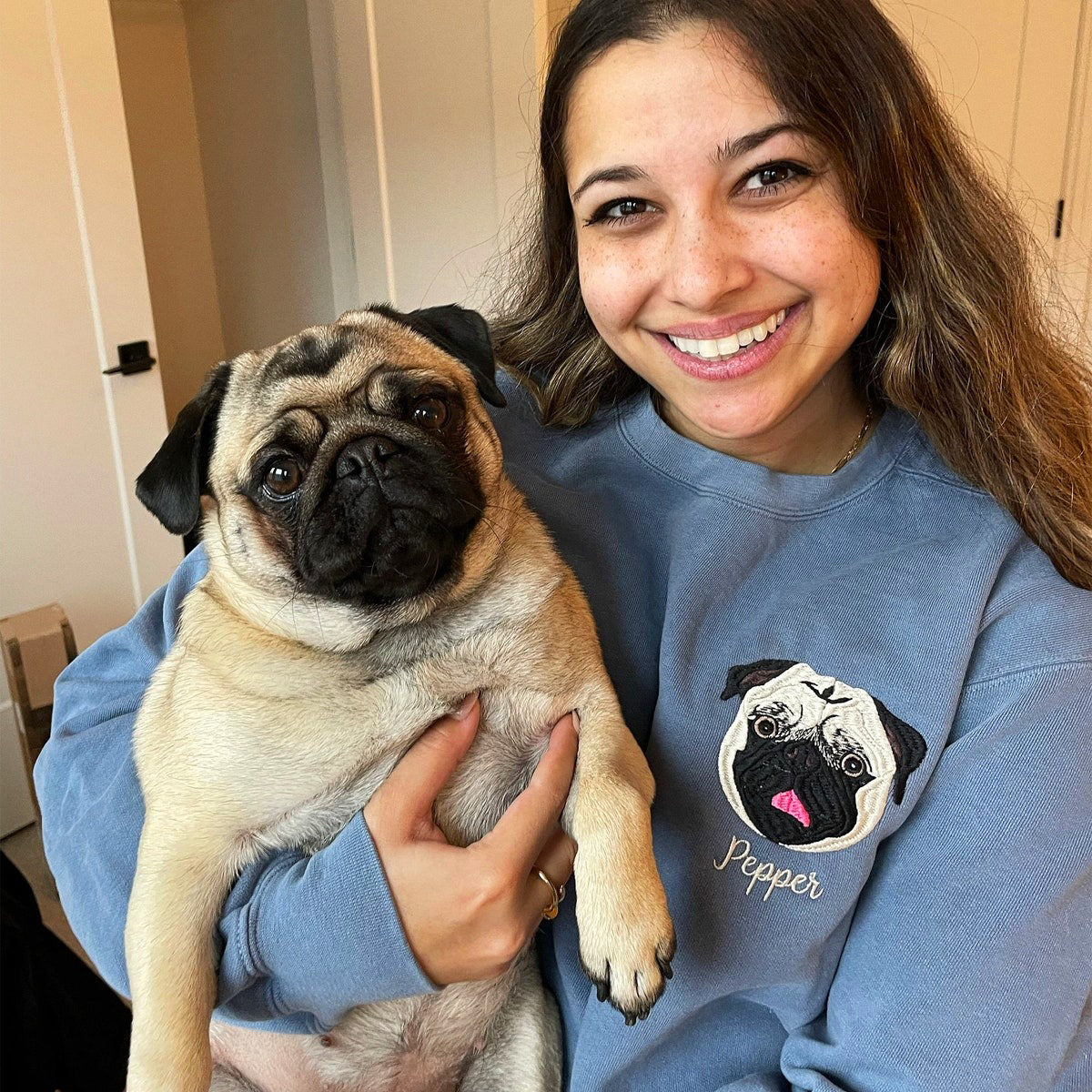 Custom Embroidered Full-Color Dog Sweatshirt from Photo with Names on Sleeve