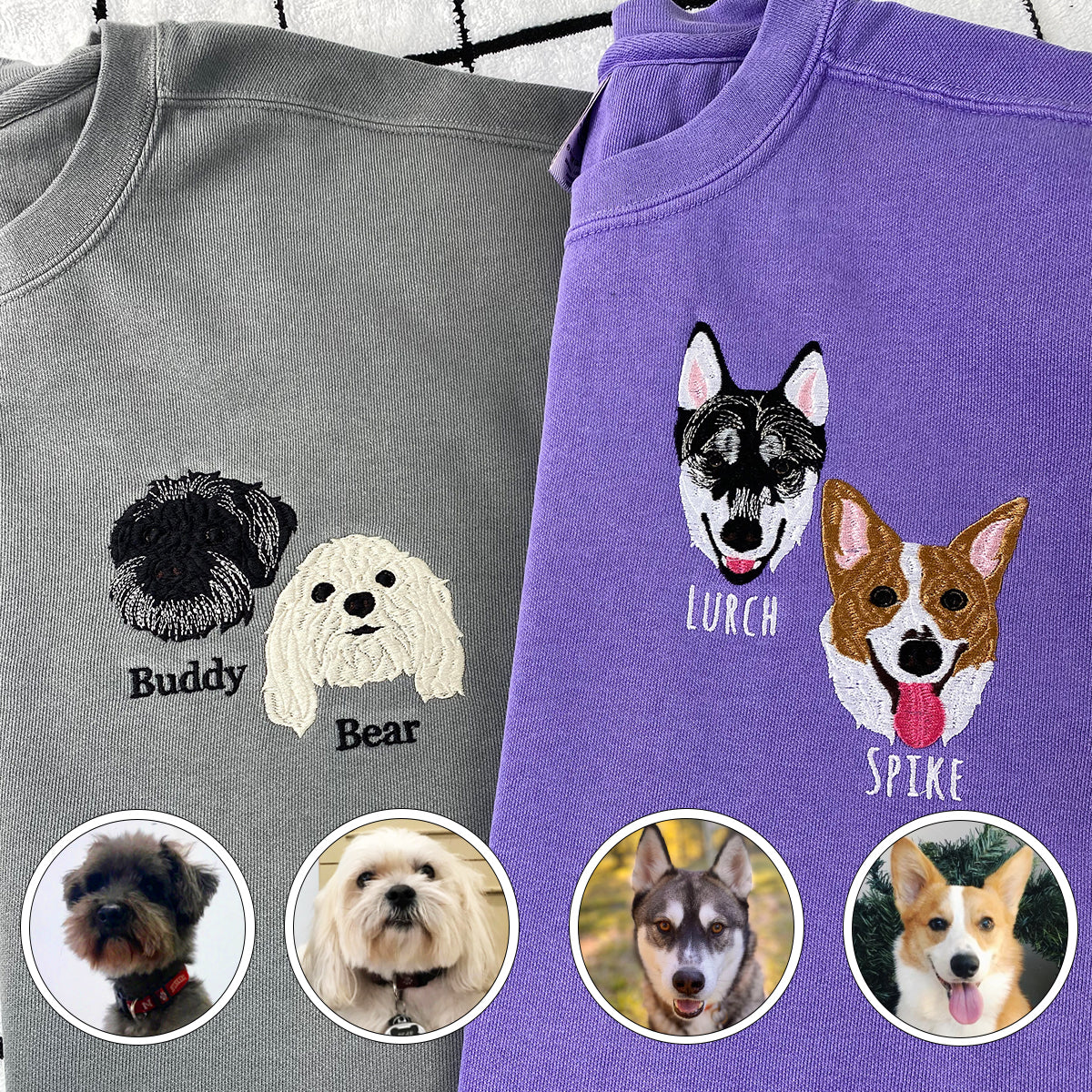 Custom Embroidered Full-Color Dog Sweatshirt from Photo with Names on Sleeve
