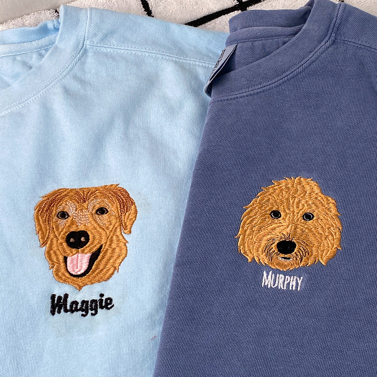 Custom Embroidered Full-Color Dog Sweatshirt from Photo with Names on Sleeve