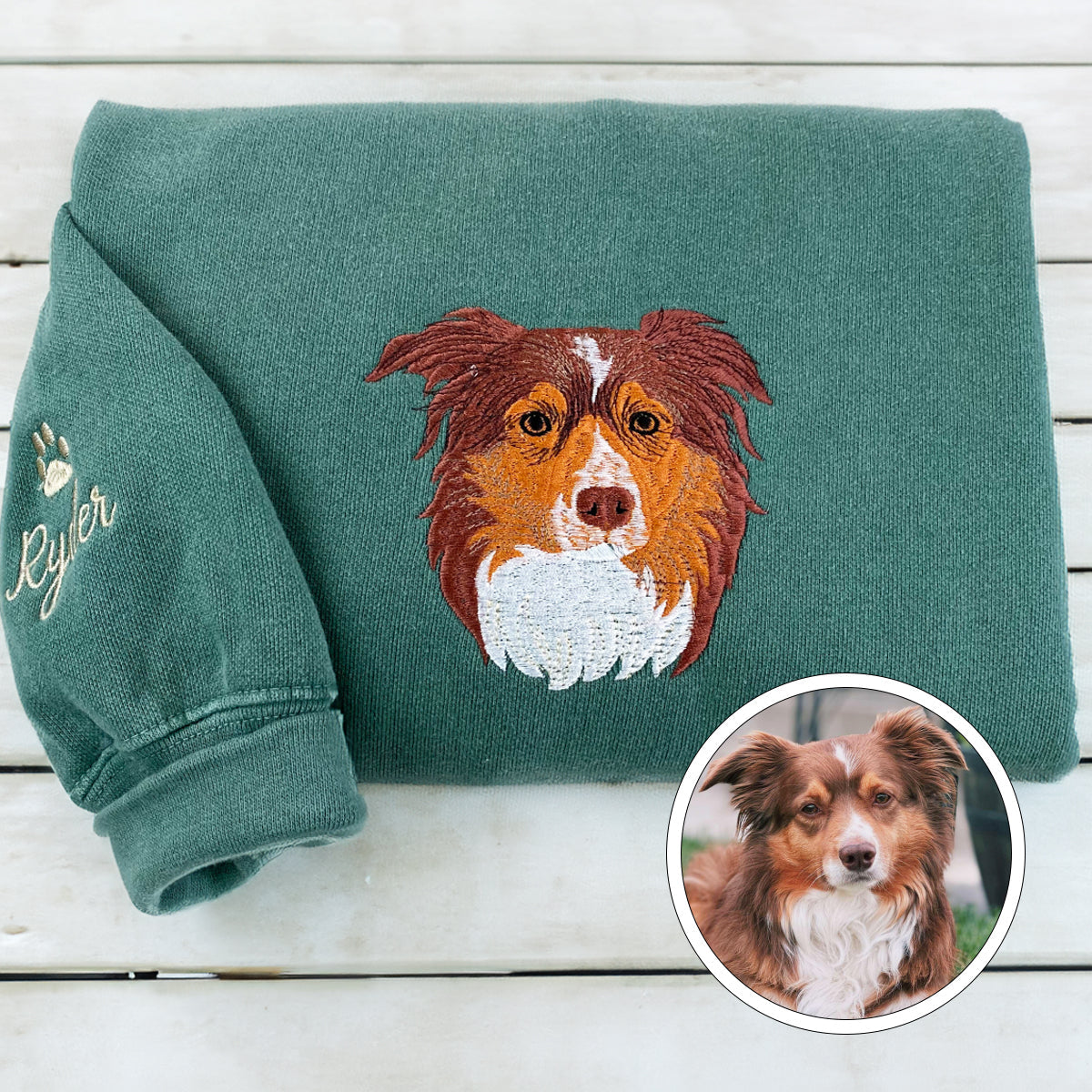 Custom Embroidered Full-Color Dog Sweatshirt from Photo with Names on Sleeve