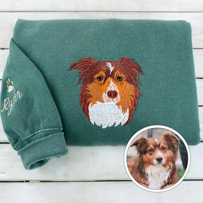 Custom Embroidered Full-Color Dog Sweatshirt from Photo with Names on Sleeve