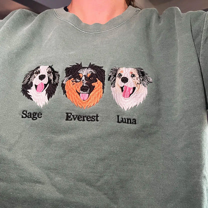 Custom Embroidered Full-Color Dog Sweatshirt from Photo with Names on Sleeve