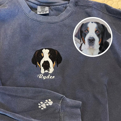 Custom Embroidered Full-Color Dog Sweatshirt from Photo with Names on Sleeve