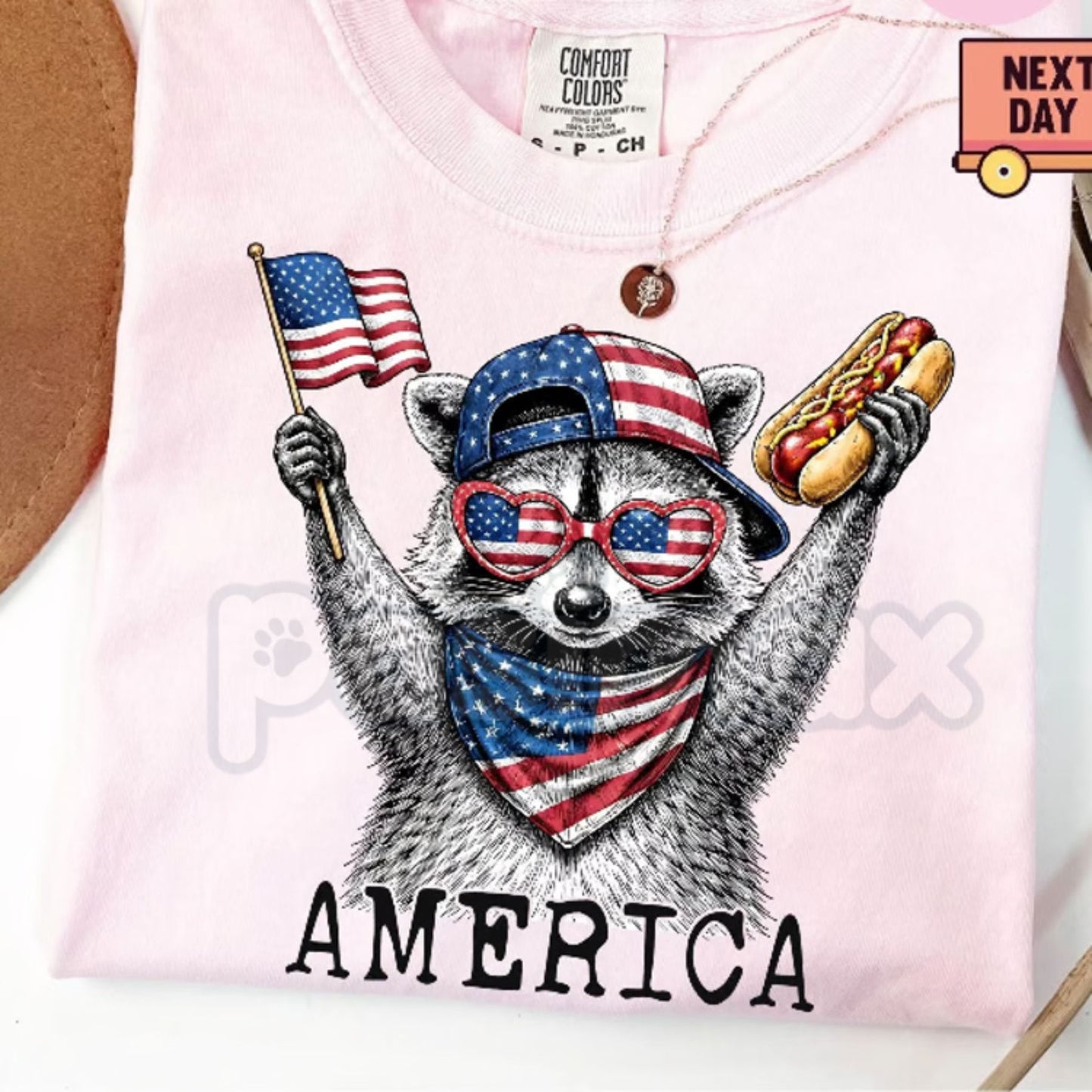 Comfort Colors® America Raccoon Hot Dog T-Shirt – Funny 4th of July Raccoon Tee, Retro Trash Panda Patriotic USA Holiday Gift Top-Pasimax