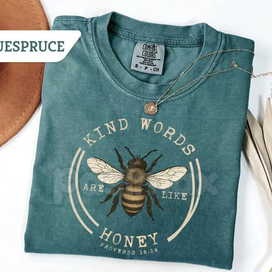 Comfort Colors® "Bee Kind" Proverbs 16:24 T-Shirt – Aesthetic Honeybee & Wildflower Bible Verse Tee, Christian Botanical Shirt, Sweet Like Honey Faith Gift-Pasimax