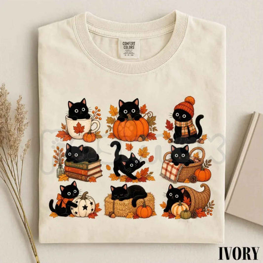 Comfort Colors® Black Cat T-Shirt – Vintage Fall Kitty Graphic Tee, Cozy Pumpkin Autumn Cat Long Sleeve & Gift-Pasimax