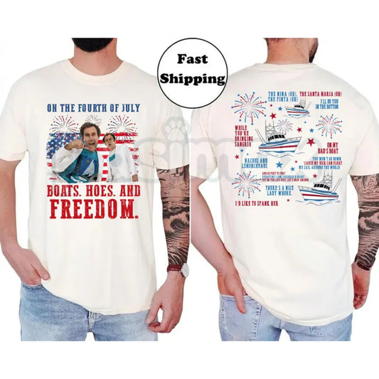 Comfort Colors® "Boats Hoes And Freedom" 4th of July T-Shirt – Funny Step Brothers Parody Graphic Tee, Retro Aesthetic USA Patriotic Holiday Top-Pasimax